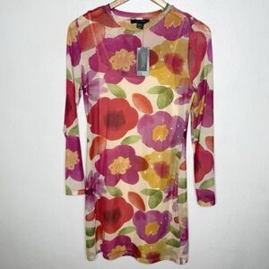 New Primark Sheer Overlay Floral Retro Long Sleeve Dress Lined Women's US 8